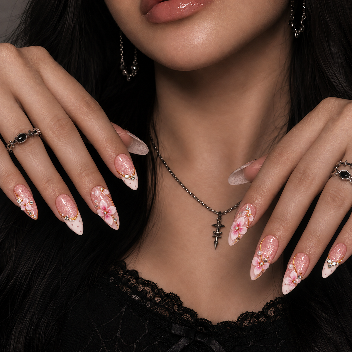 Model wearing blush pink floral nails with gold-colored curves and dotted ivory tips, with both hands posed near the neckline of a black lace outfit.