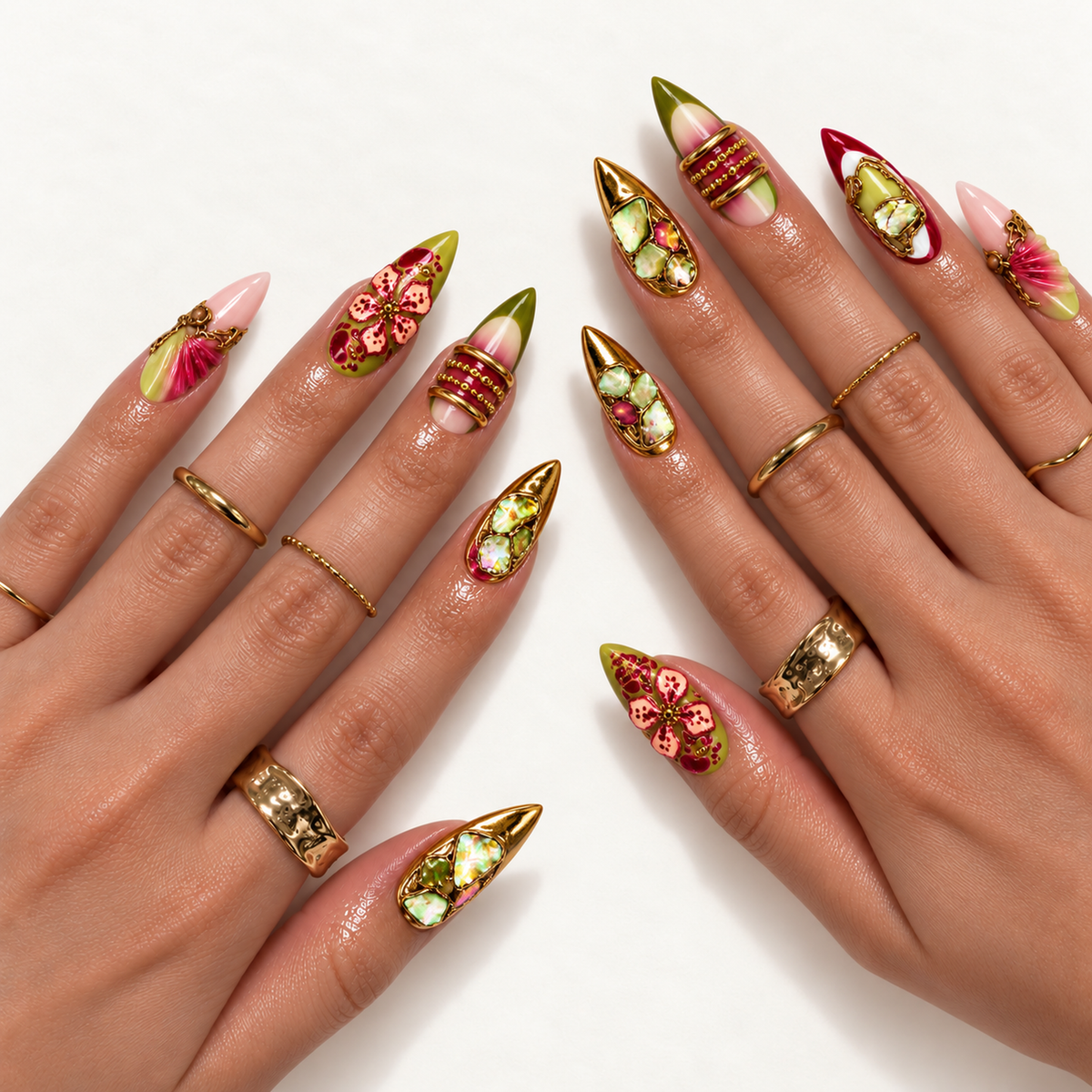 Two hands modeling pointed nails with berry-pink flowers, olive accents, reflective gold mosaics, and sculptural fan-like details.
