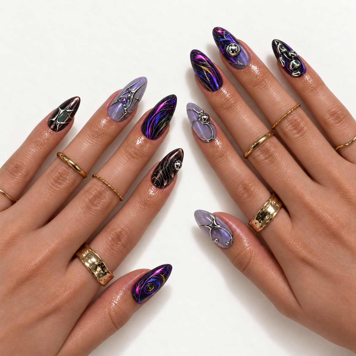 Hand model mockup showing violet and lavender nail designs with silver-tone sculptural accents, flowing multicolor lines, and gold-tone rings.