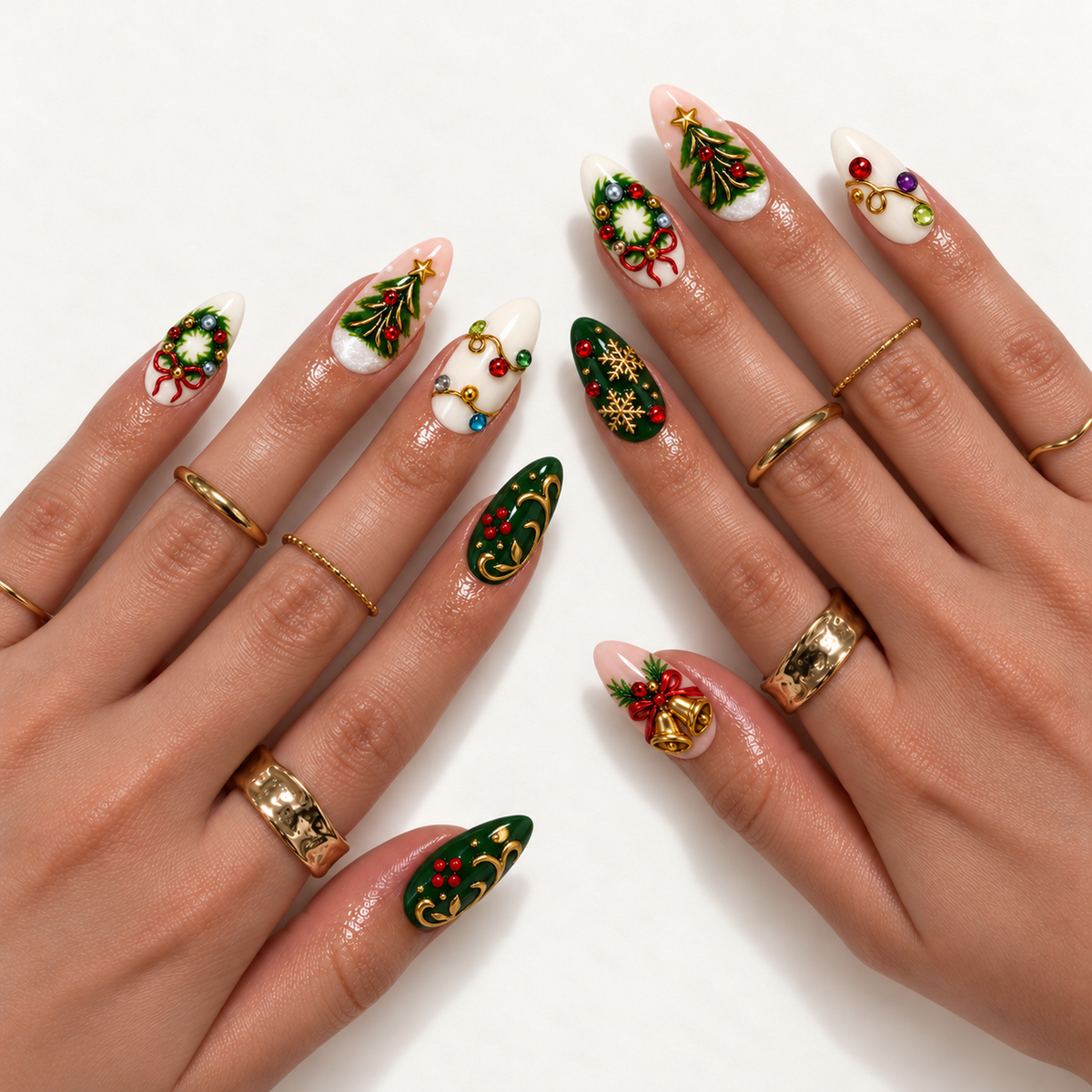 Hand model mockup showing Christmas nail designs in ivory, blush, and deep green, with wreaths, trees, bells, gold-tone details, and colorful accents.