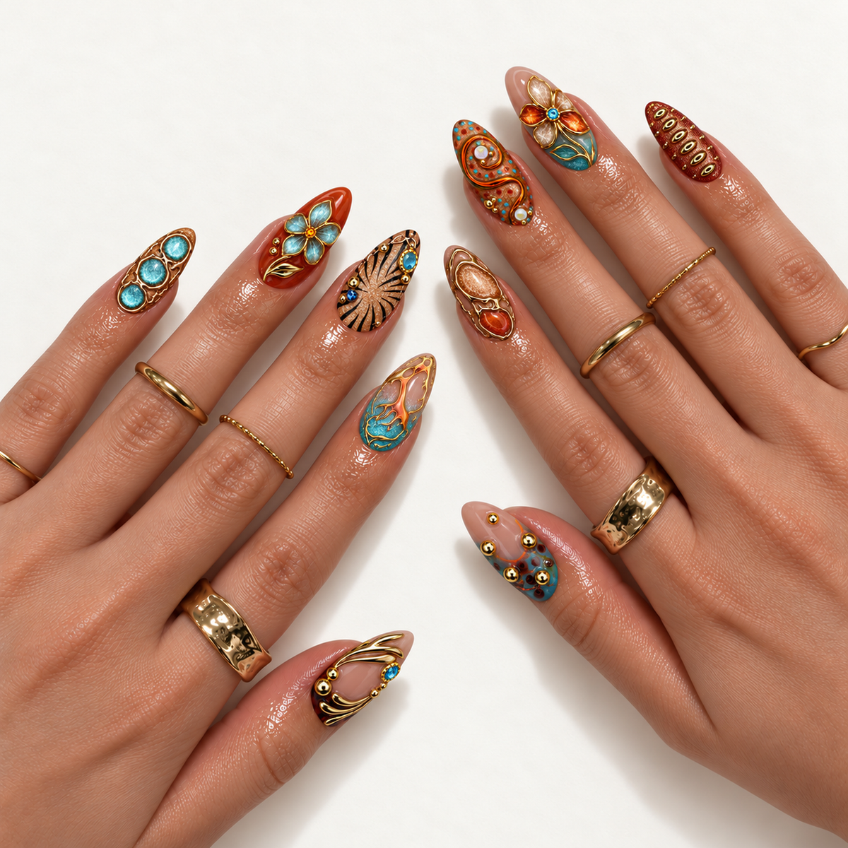 Hand model mockup displaying the floral and abstract nail set with turquoise shimmer, warm bronze tones, blush pink, and gold-colored detailing.