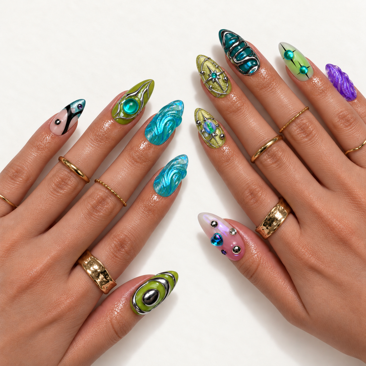 Hand model mockup displaying colorful sculptural nail designs with lime green, aqua, teal, purple, and pink accents, styled with gold-colored rings.