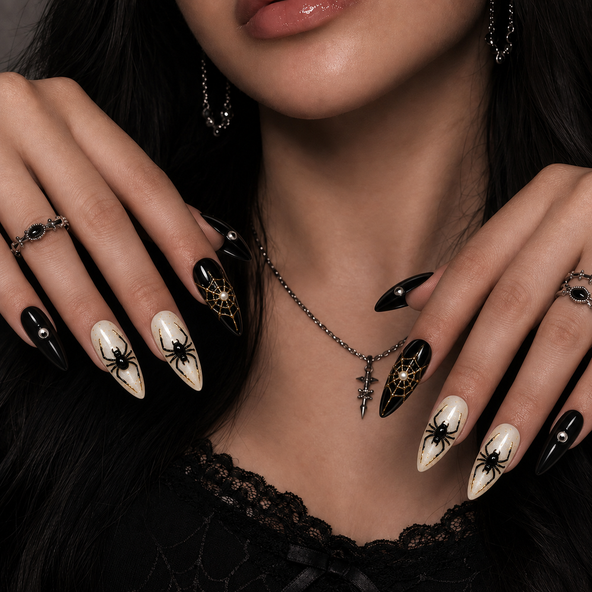 Midnight Web black, ivory, and gold spider-themed press-on nails shown on a hand model