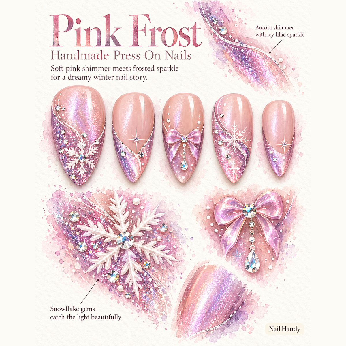 Blush Snowfall Bows Press-On Nails. - press-on nail design concept and illustrated product story