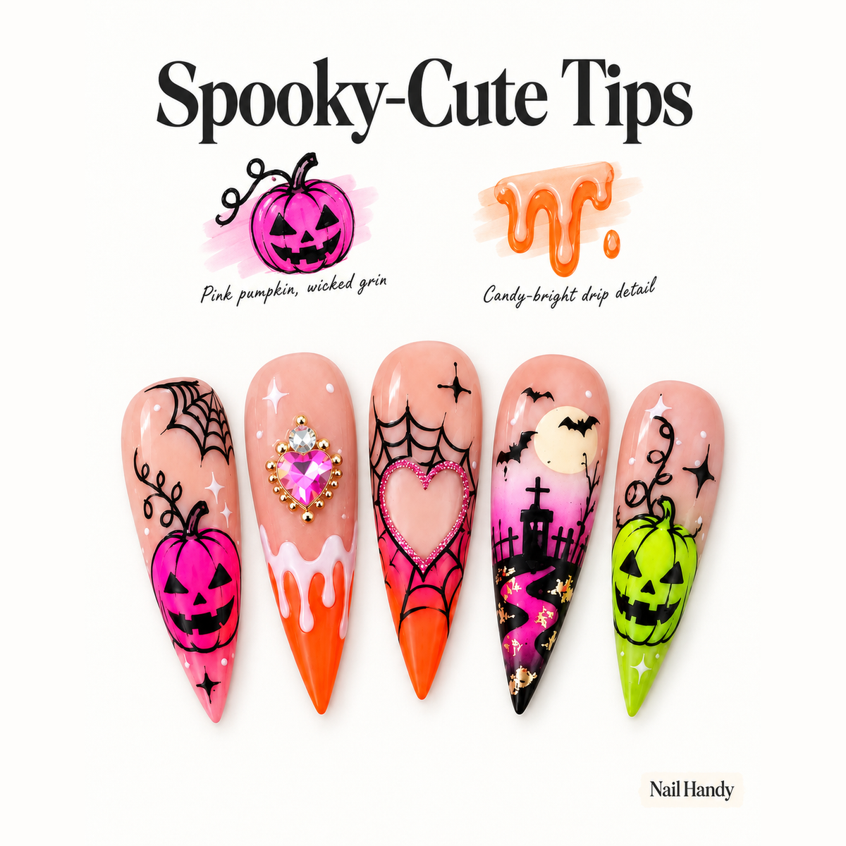 Neon Pumpkin Web Press-On Nails for Halloween - press-on nail design concept and illustrated product story