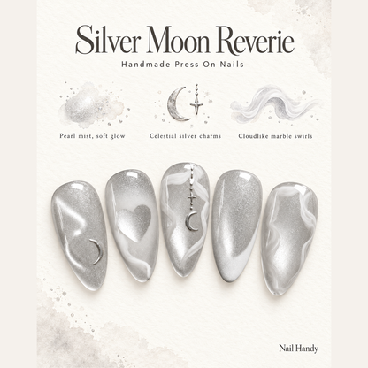 Moonlit Silver Ribbons Press-On Nails - press-on nail design concept and illustrated product story
