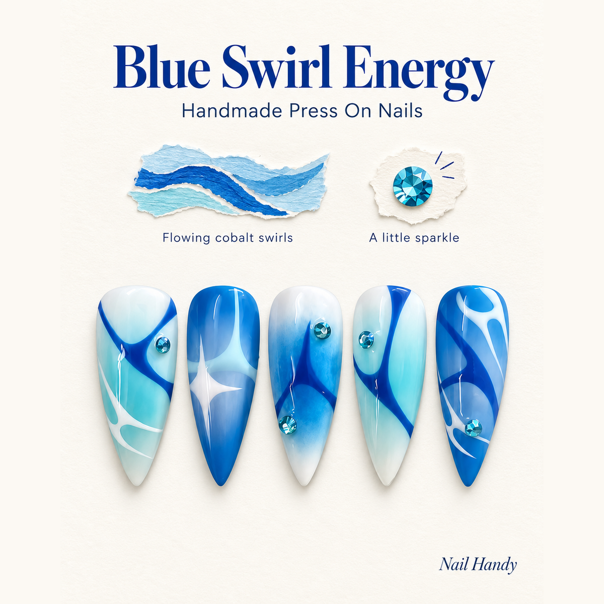 Blue Current Press-On Nails with Abstract Swirls - press-on nail design concept and illustrated product story