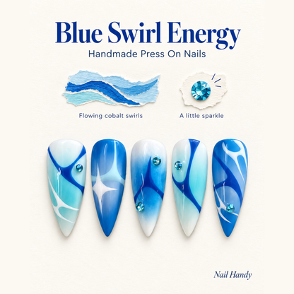 Blue Current Press-On Nails with Abstract Swirls - press-on nail design concept and illustrated product story