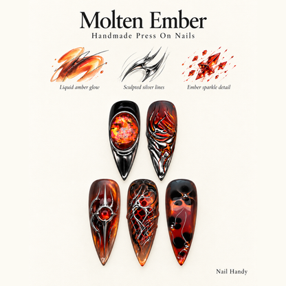 Molten Chrome Press-On Nails with Fiery Red Accents - press-on nail design concept and illustrated product story