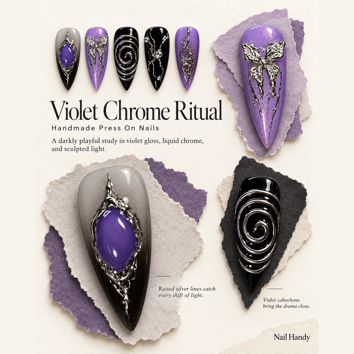 Violet Relic Gothic Press-On Nails with Chrome Details - press-on nail design concept and illustrated product story