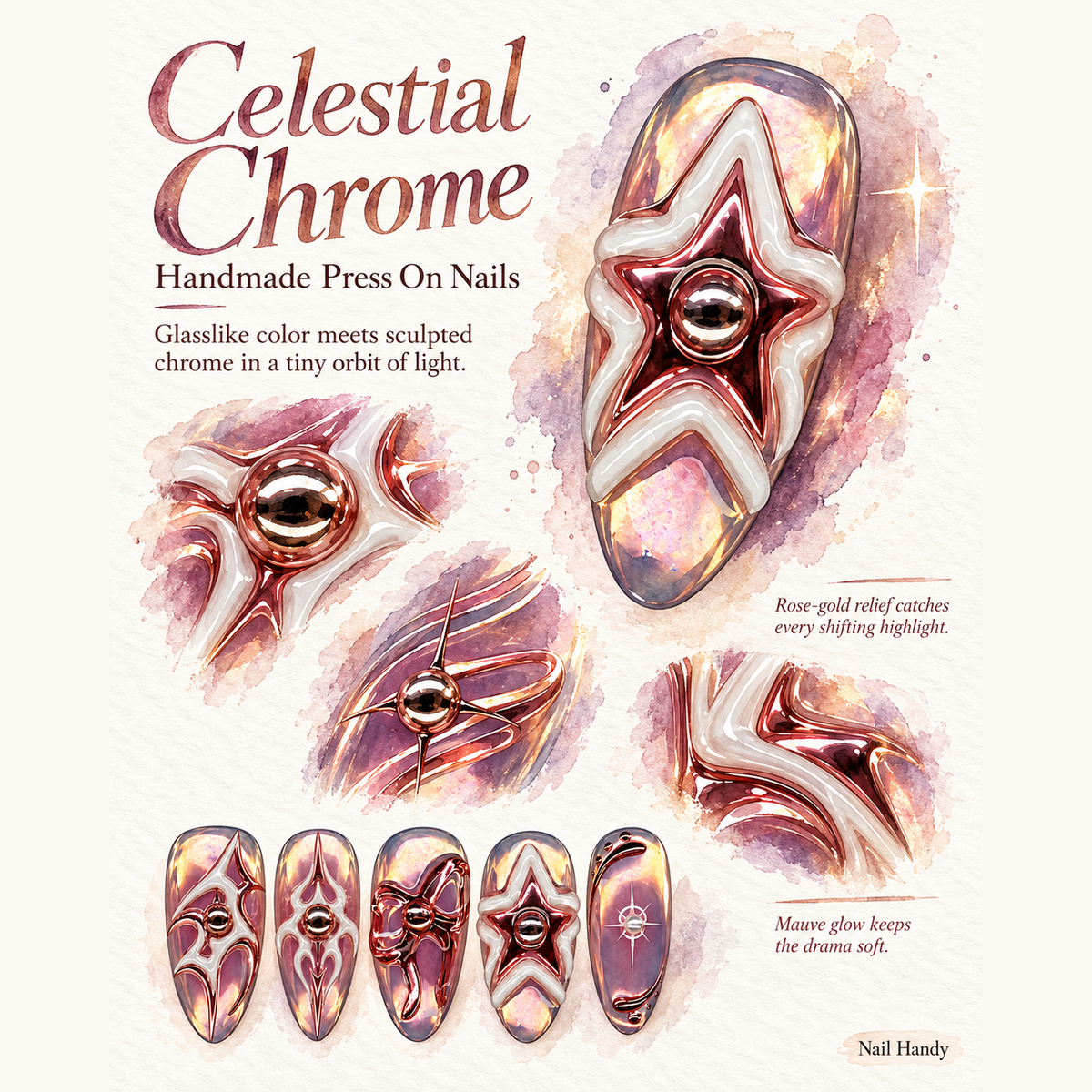 Mauve Chrome Orbit Press-On Nails Adding Stars, Bows & Butterflies - press-on nail design concept and illustrated product story