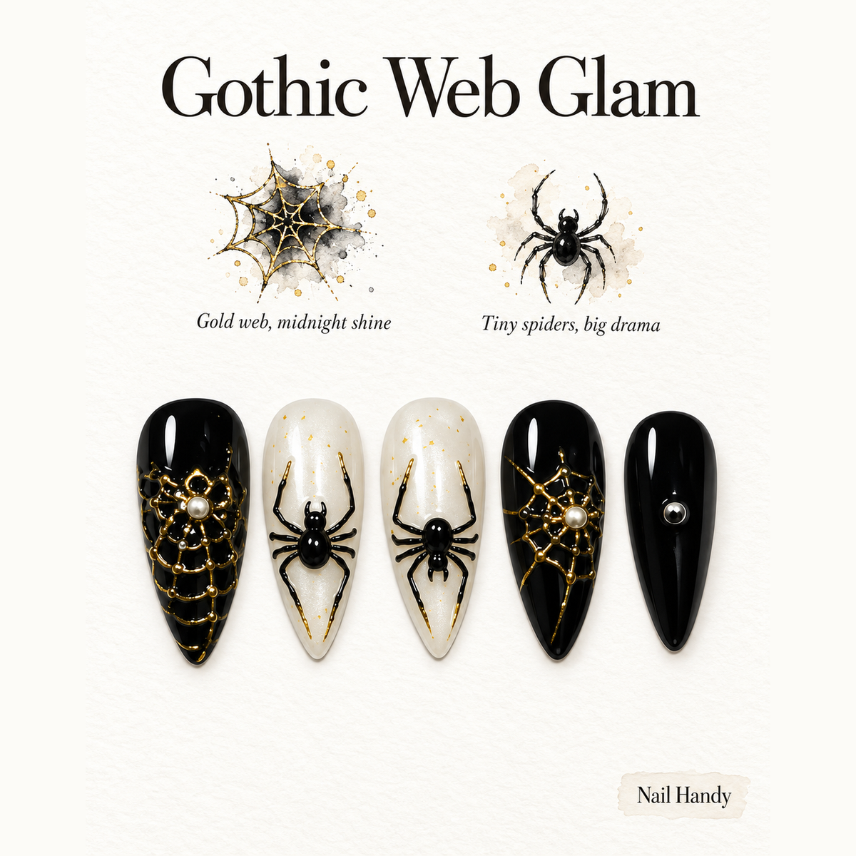 Midnight Web Press-On Nails with Black, Ivory & Gold Spider Details - press-on nail design concept and illustrated product story
