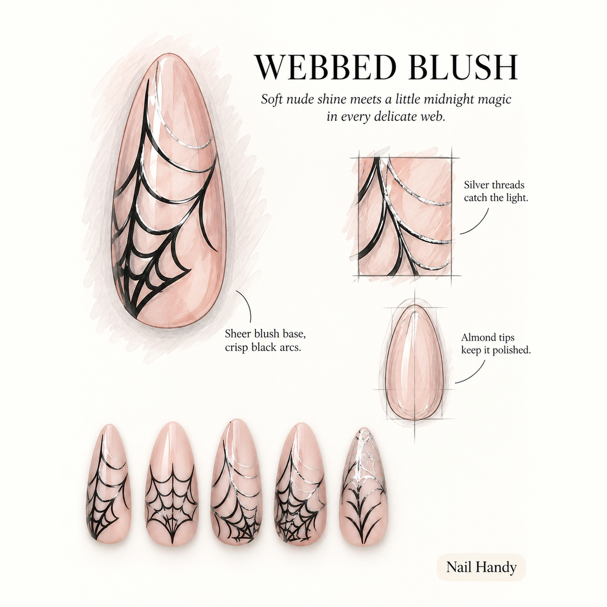 Midnight Webline Press-On Nails with Graphic Spiderweb Details - press-on nail design concept and illustrated product story