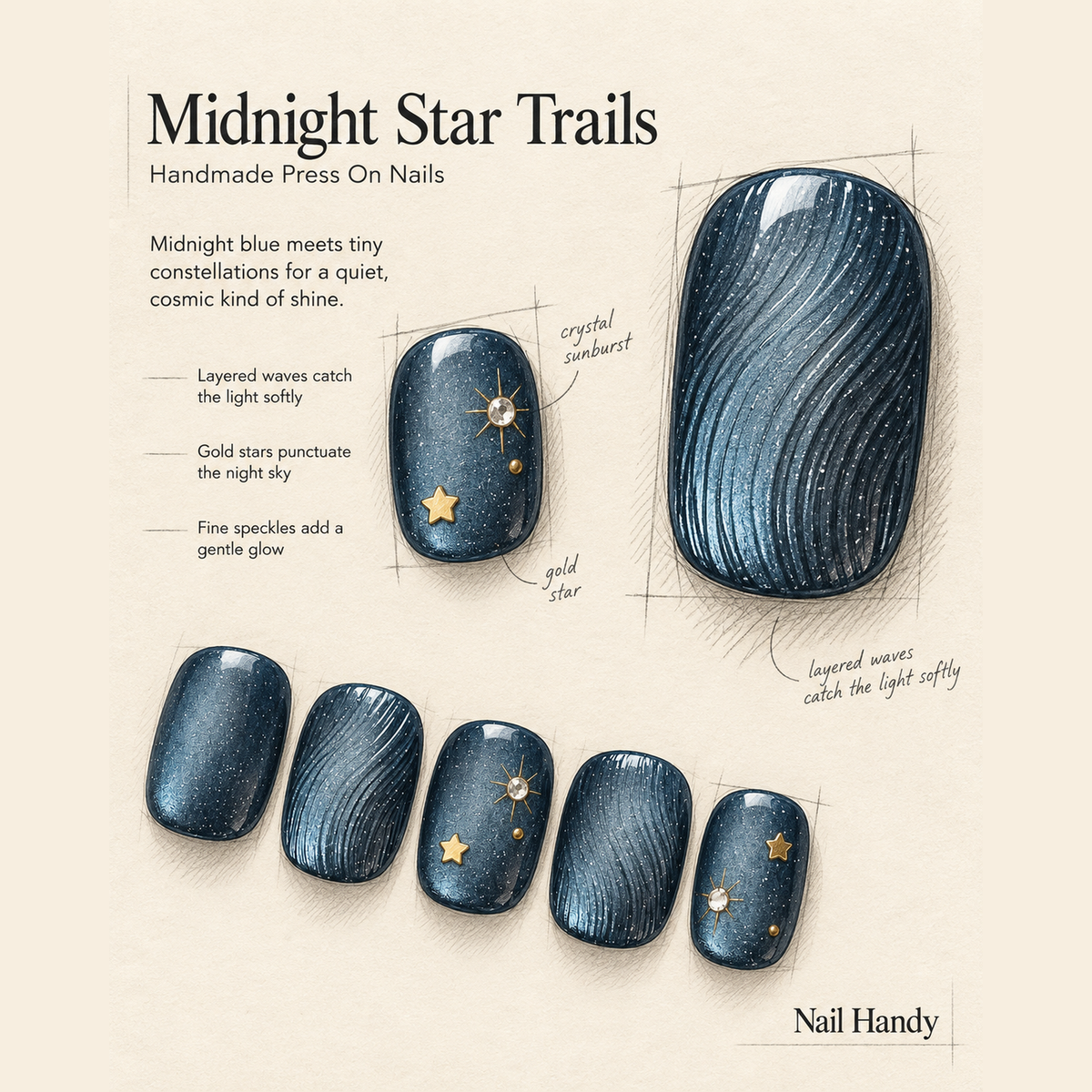 Midnight Starfall Press-On Nails with Gold Stars - press-on nail design concept and illustrated product story