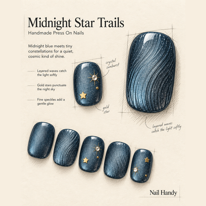 Midnight Starfall Press-On Nails with Gold Stars - press-on nail design concept and illustrated product story