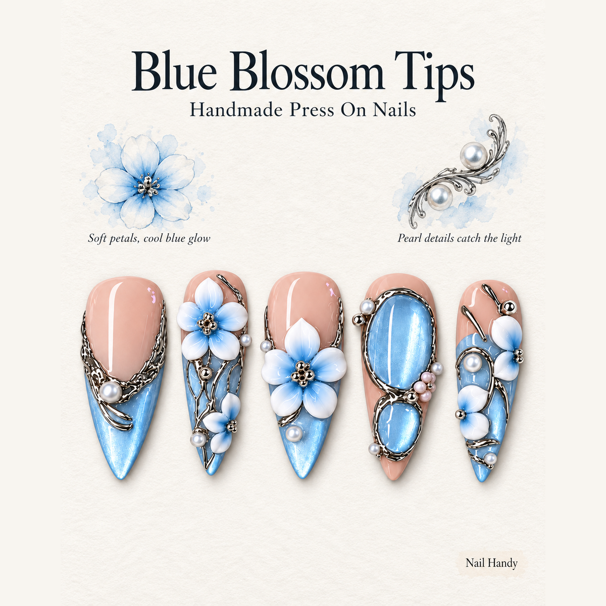 Blue Blossom Filigree Press-On Nails - press-on nail design concept and illustrated product story