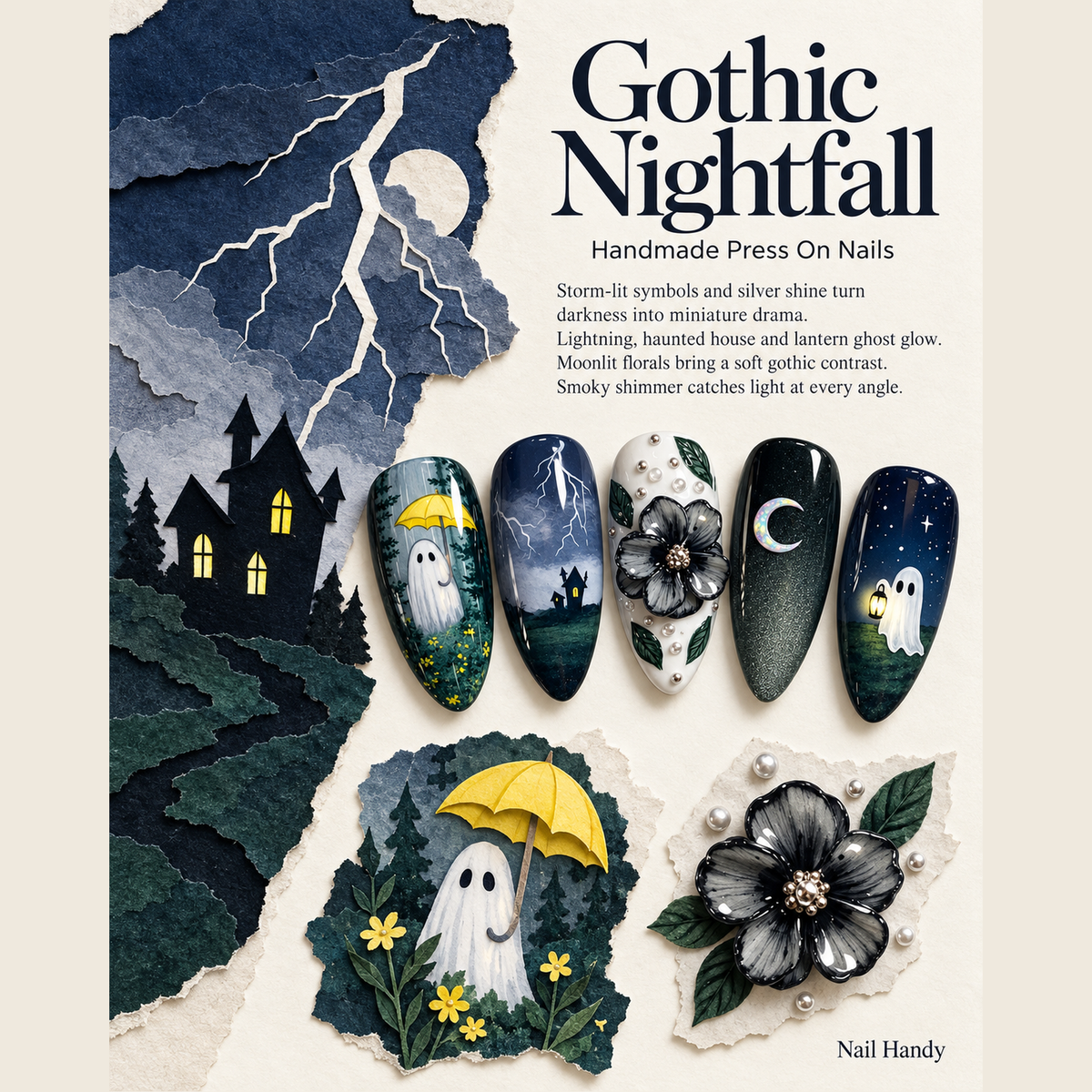 Midnight Haunt Press-On Nails with Ghost and Moon Art - press-on nail design concept and illustrated product story