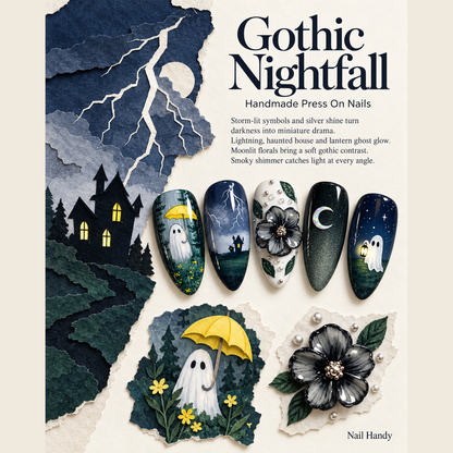 Midnight Haunt Press-On Nails with Ghost and Moon Art - press-on nail design concept and illustrated product story