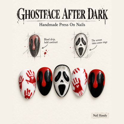 Crimson Panic Press-On Nails with Spooky Mask Art - press-on nail design concept and illustrated product story