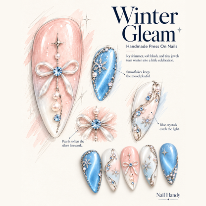 Snowlit Ribbon Press-On Nails — Blue Shimmer & Blush Bows - press-on nail design concept and illustrated product story