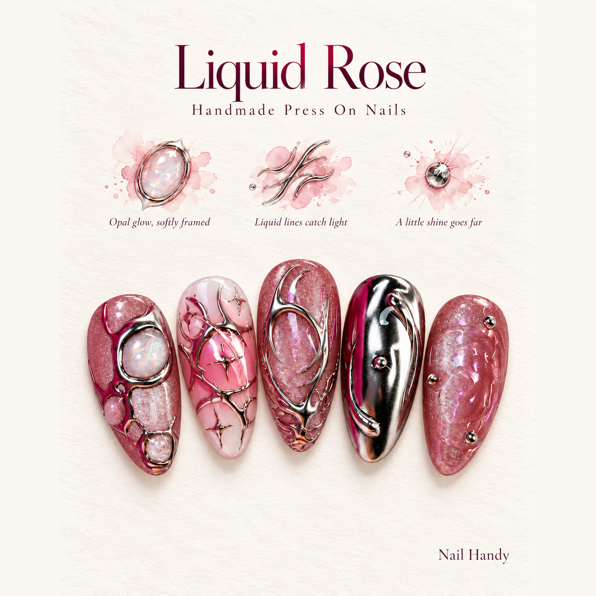 Pink Chrome Reverie Press-On Nails with Hearts and Silver Swirls - press-on nail design concept and illustrated product story