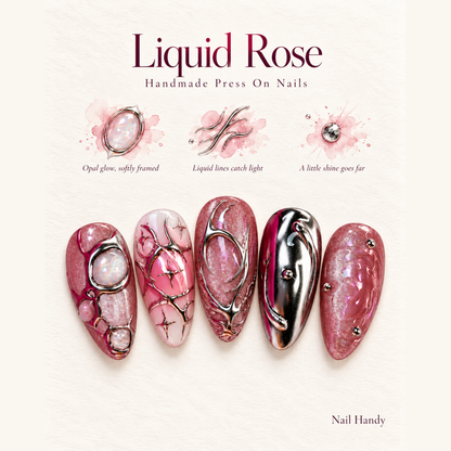 Pink Chrome Reverie Press-On Nails with Hearts and Silver Swirls - press-on nail design concept and illustrated product story