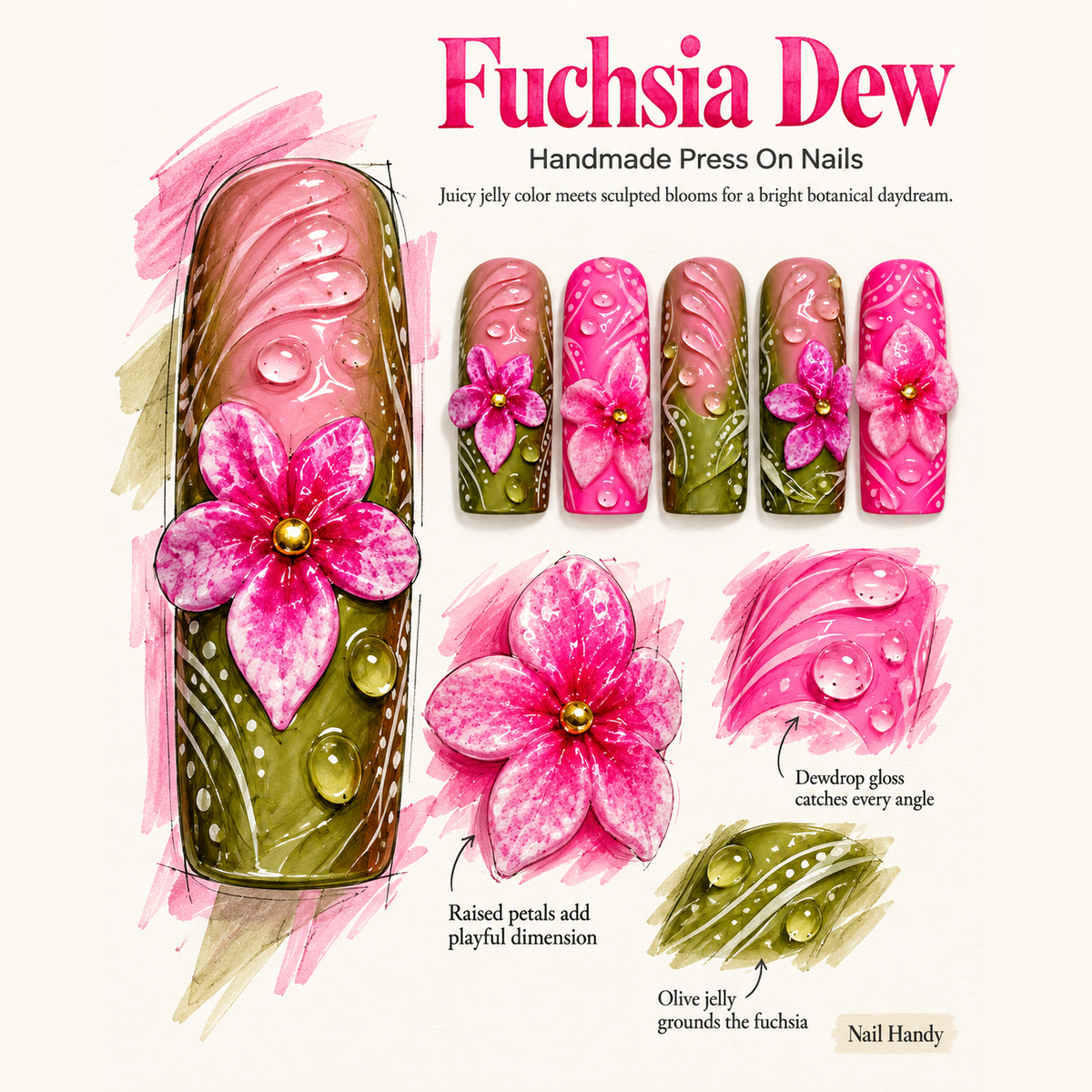 Pink Petal Dew Press-On Nails with Raised Floral Accents - press-on nail design concept and illustrated product story
