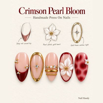 Ruby Pearl Bloom Press-On Nails with Floral and Gold Accents - press-on nail design concept and illustrated product story