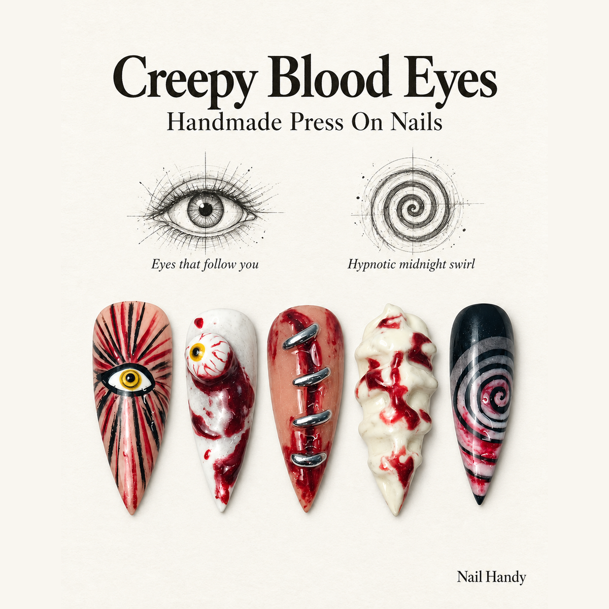 Bloodshot Stitches Press-On Nails with Creepy Eye Art - press-on nail design concept and illustrated product story