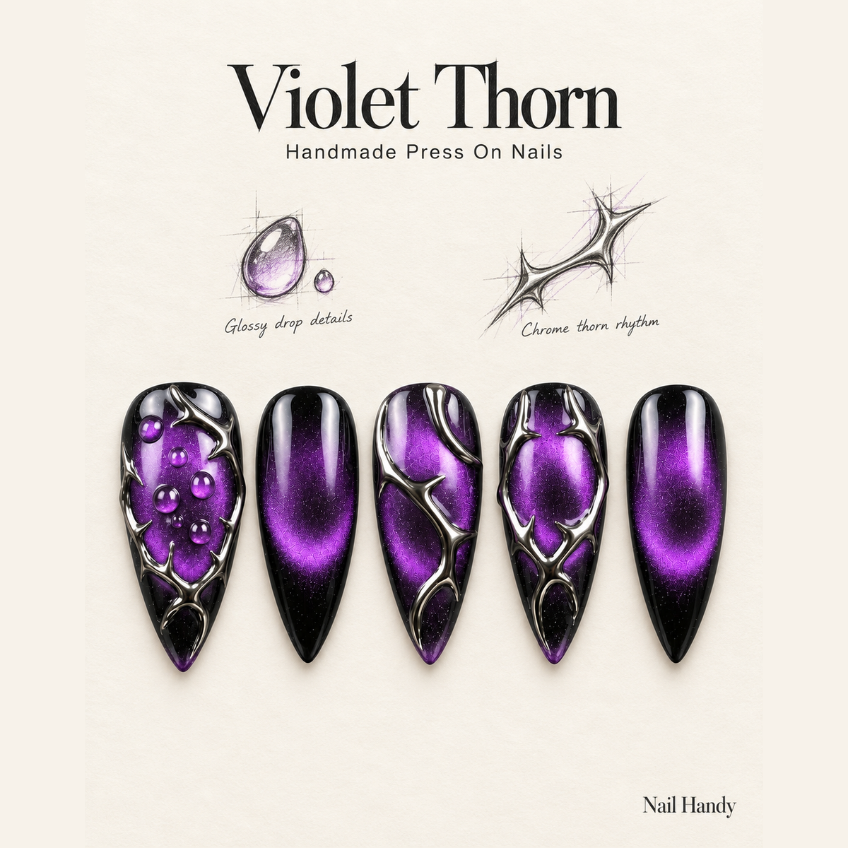 Violet Thorn Veil Press-On Nails with Chrome Gothic Details - press-on nail design concept and illustrated product story