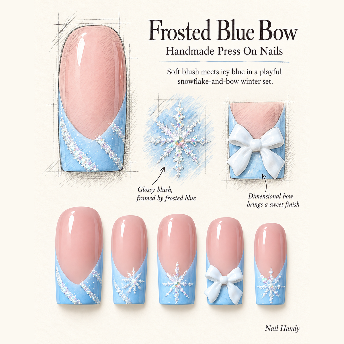 Blue Snowfall Bow Press-On Nails | Pink Winter Design - press-on nail design concept and illustrated product story