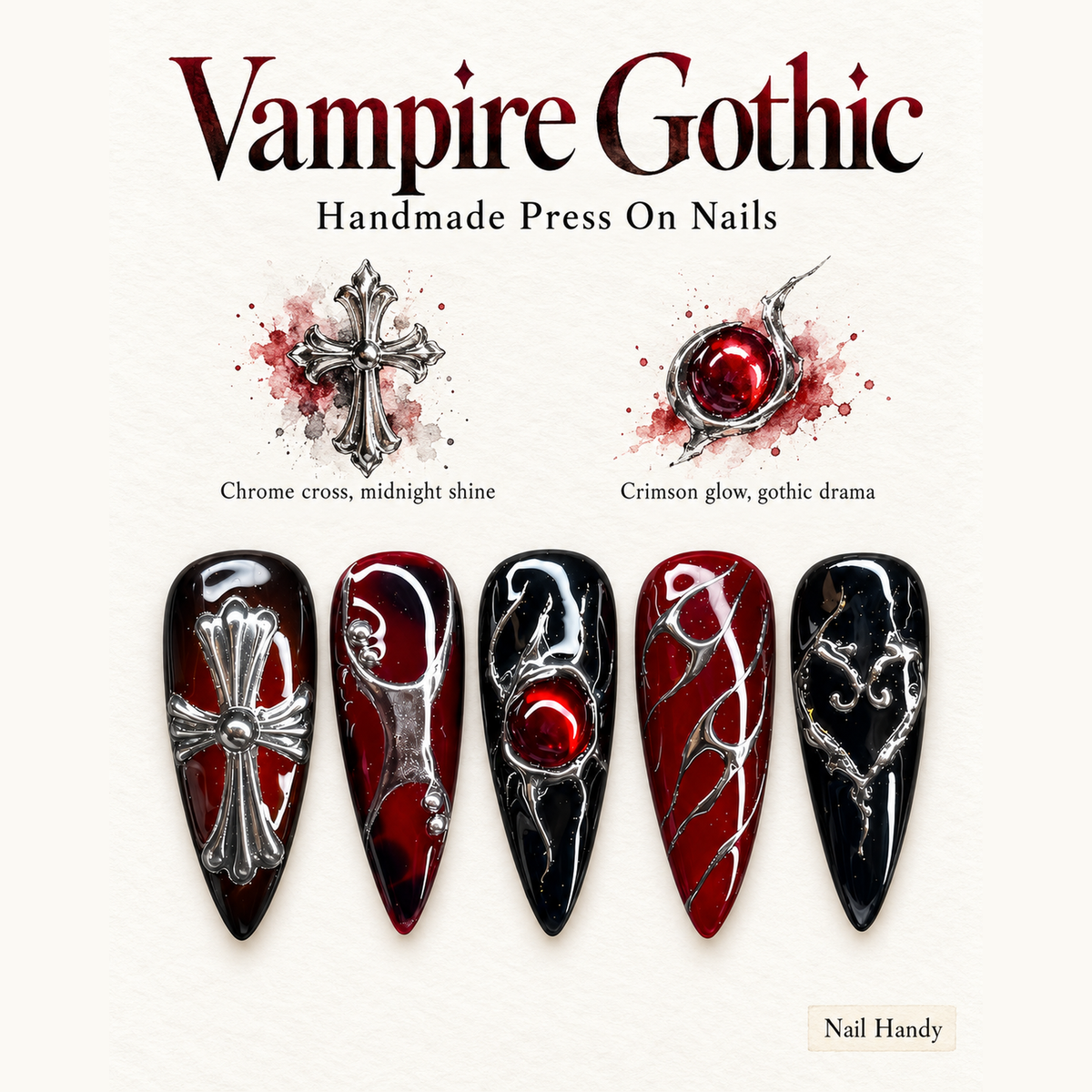Crimson Reliquary Gothic Press-On Nails - press-on nail design concept and illustrated product story