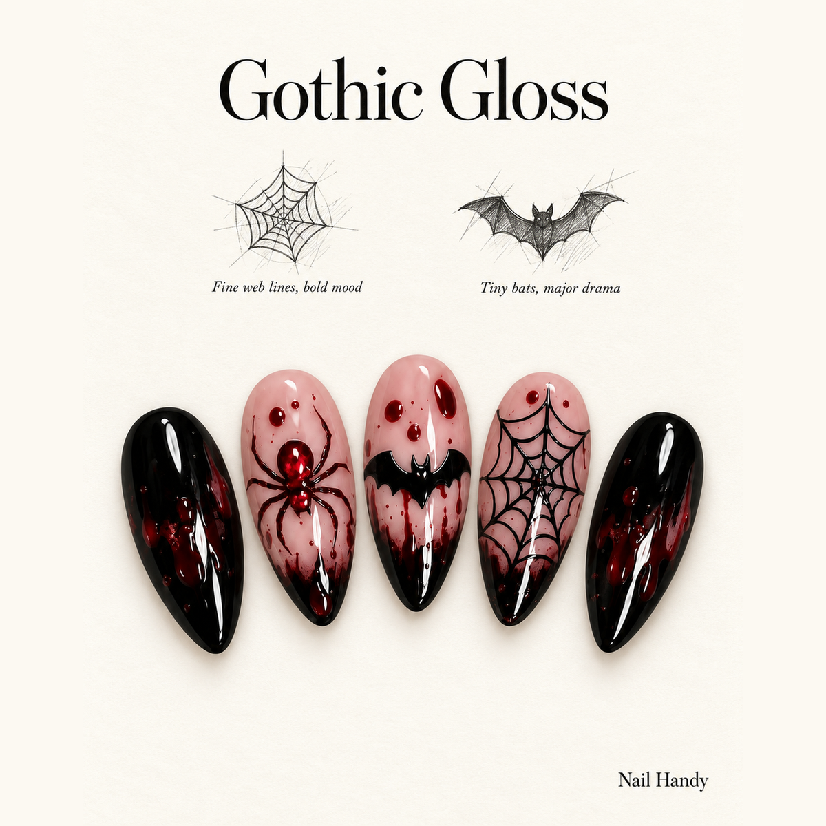 Crimson Web Gothic Press-On Nails with Spider and Bat Art - press-on nail design concept and illustrated product story