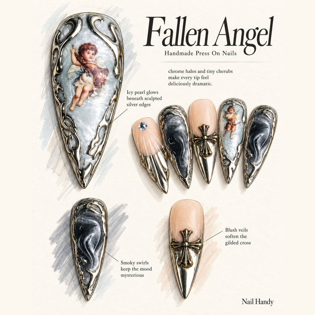 Fallen Angel Gothic Press-On Nails for Dramatic Metallic Style - press-on nail design concept and illustrated product story