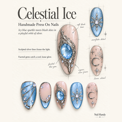 Moonlit Frost Blue & Blush Press-On Nails - press-on nail design concept and illustrated product story