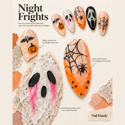 Haunted Harvest Web Press-On Nails with Ghosts & Pumpkins - press-on nail design concept and illustrated product story