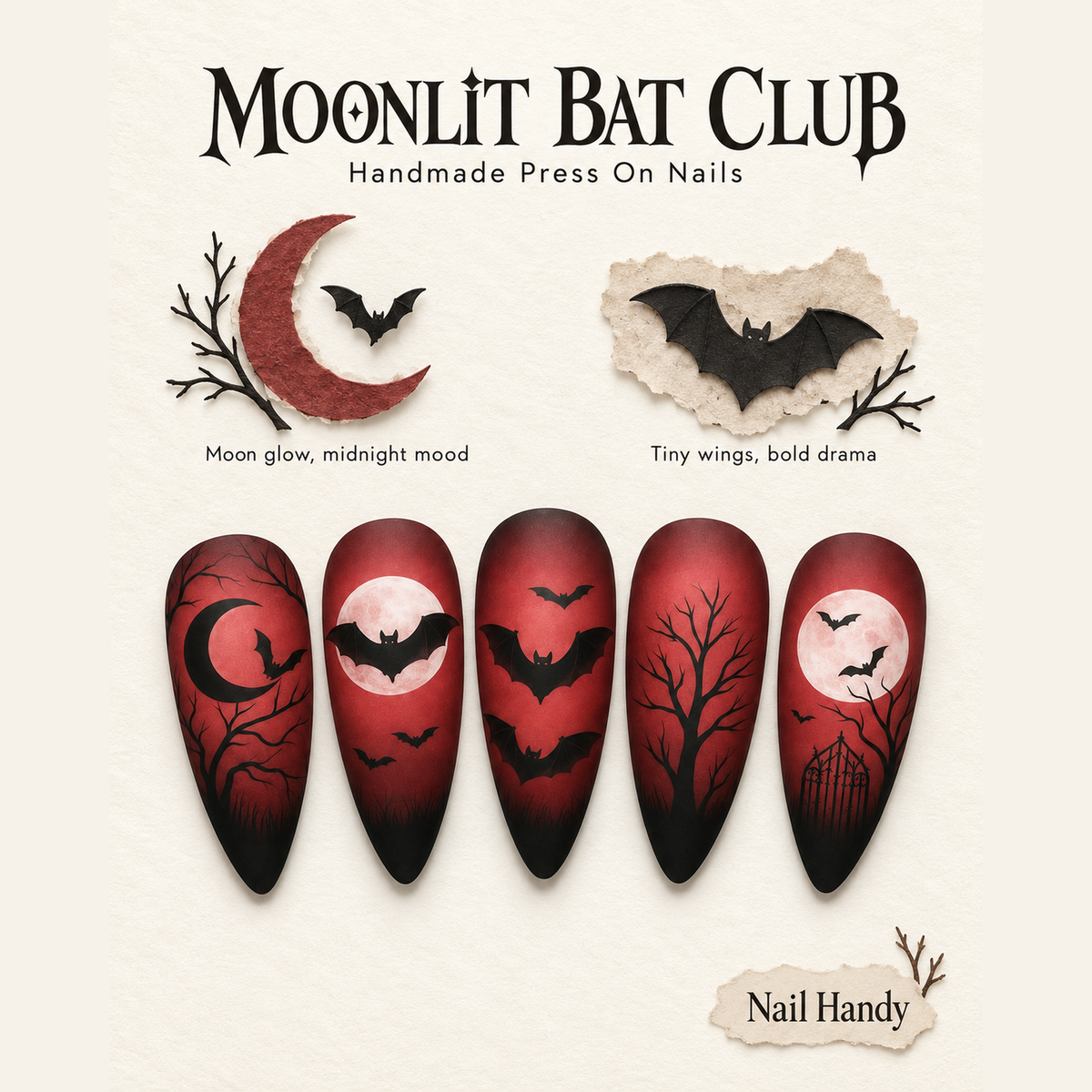 Crimson Moonflight Gothic Press-On Nails - press-on nail design concept and illustrated product story