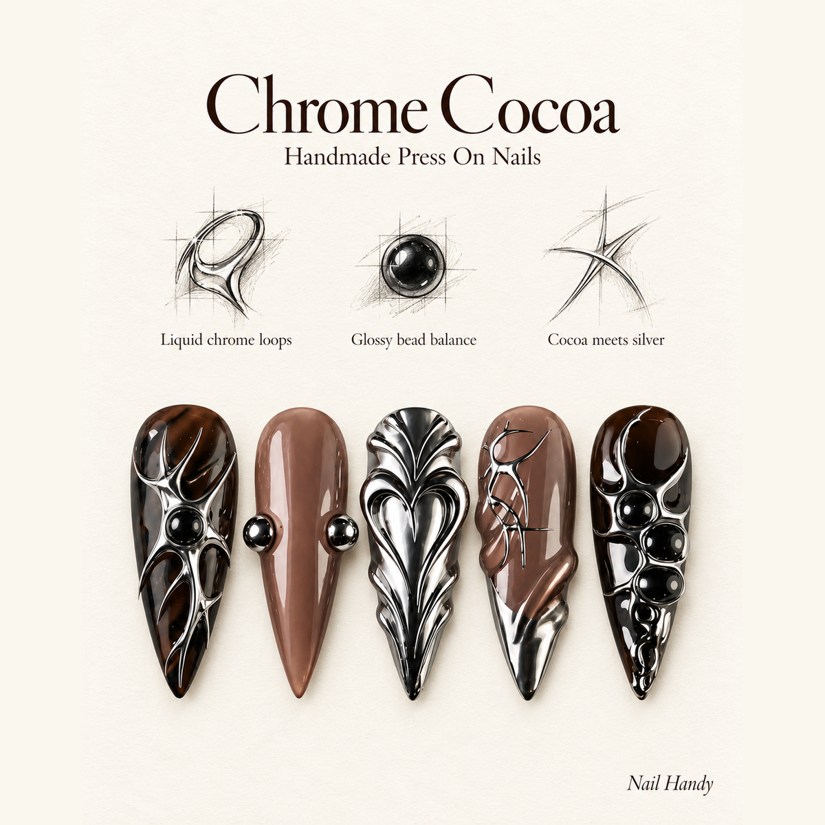 Mocha Chrome Circuit Press-On Nails - press-on nail design concept and illustrated product story