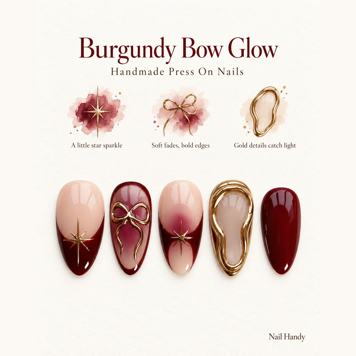 Burgundy Bow Starlight Press-On Nails - press-on nail design concept and illustrated product story