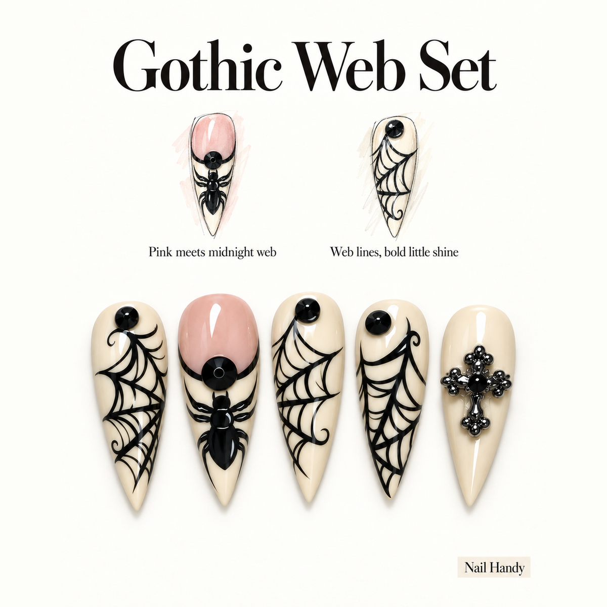 Midnight Web Gothic Press-On Nails with Spider Details - press-on nail design concept and illustrated product story