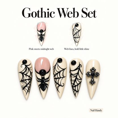 Midnight Web Gothic Press-On Nails with Spider Details - press-on nail design concept and illustrated product story