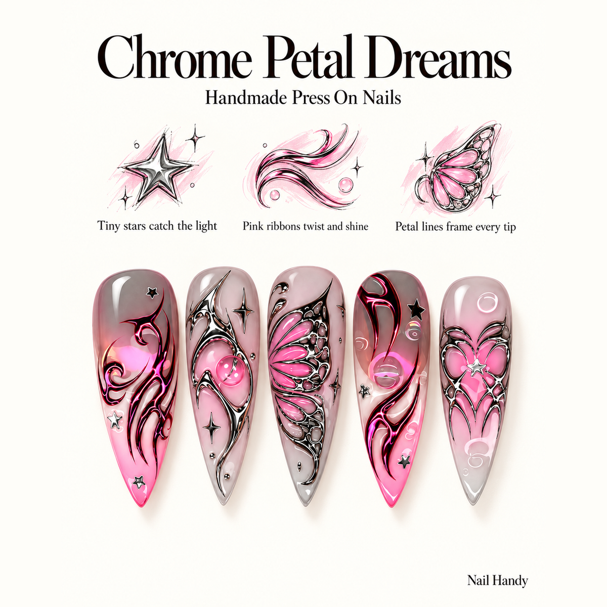 Pink Chrome Reverie Press-On Nails dom Pink & Silver - press-on nail design concept and illustrated product story