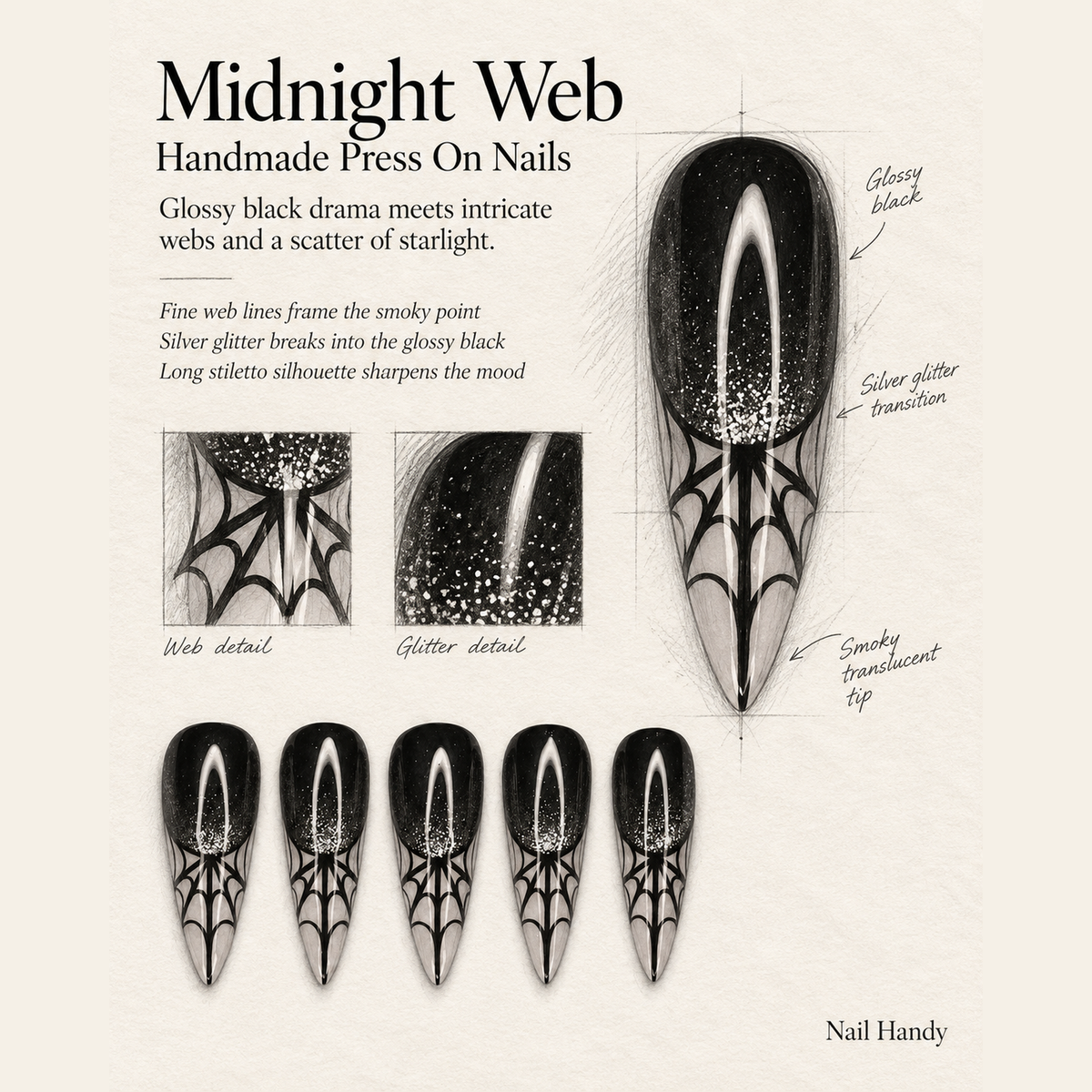 Midnight Web Press-On Nails for Spooky Season - press-on nail design concept and illustrated product story