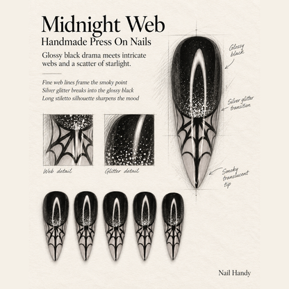Midnight Web Press-On Nails for Spooky Season - press-on nail design concept and illustrated product story