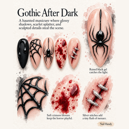 Crimson Web Press-On Nails with Gothic Spider Art - press-on nail design concept and illustrated product story