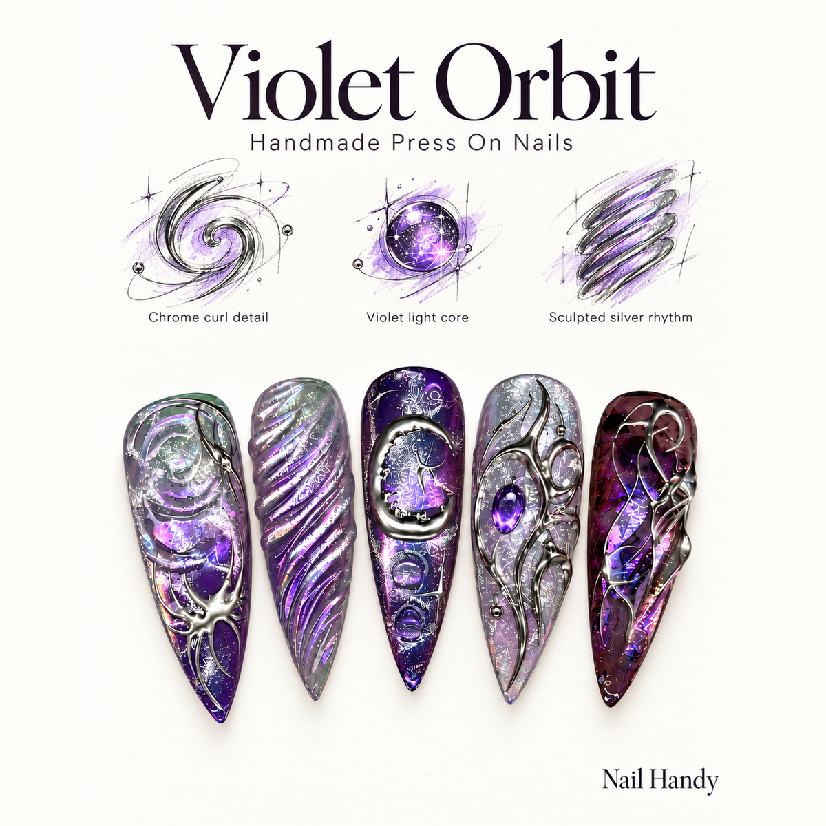 Violet Chrome Relic Press-On Nails  - press-on nail design concept and illustrated product story