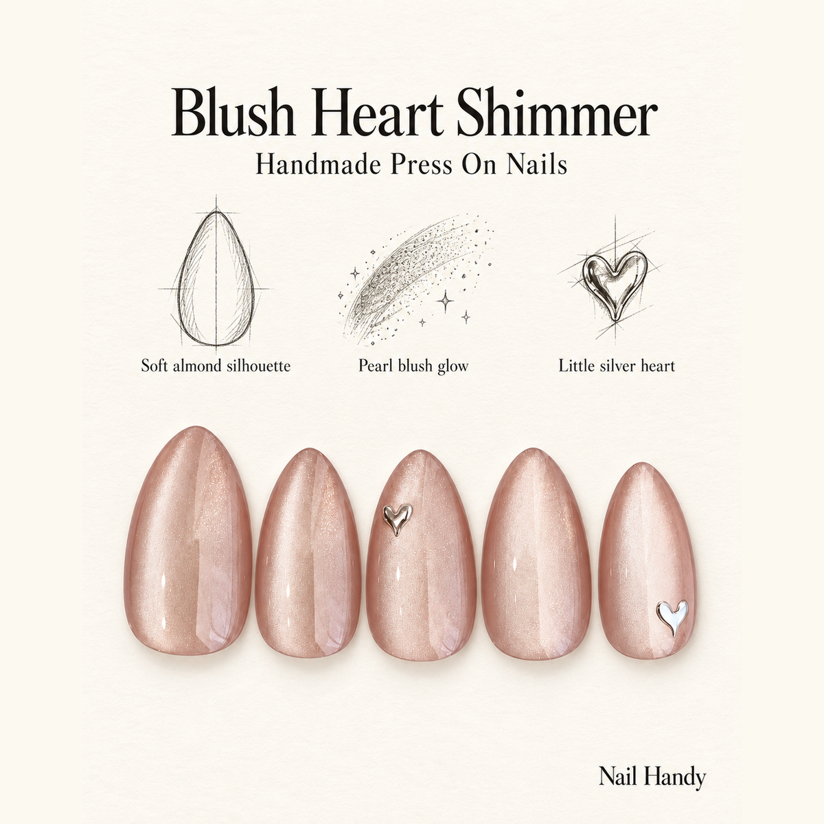 Blush Silver Hearts Press-On Nails – Soft Nude Shimmer - press-on nail design concept and illustrated product story