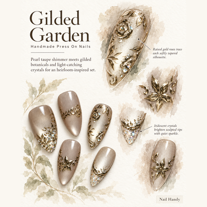Champagne Gilded Garden Press-On Nails - press-on nail design concept and illustrated product story