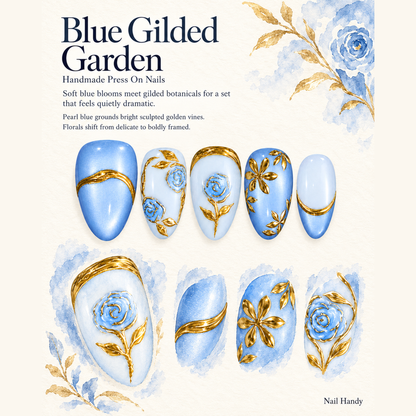 Gilded Blue Rose Press-On Nails — Blue Florals & Gold Accents - press-on nail design concept and illustrated product story