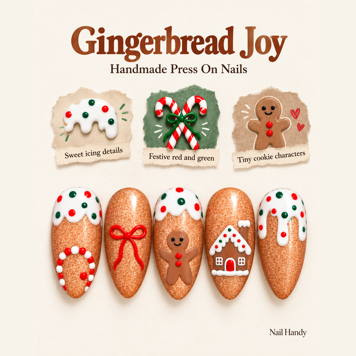 Gingerbread Cookie Party Press-On Nails - press-on nail design concept and illustrated product story